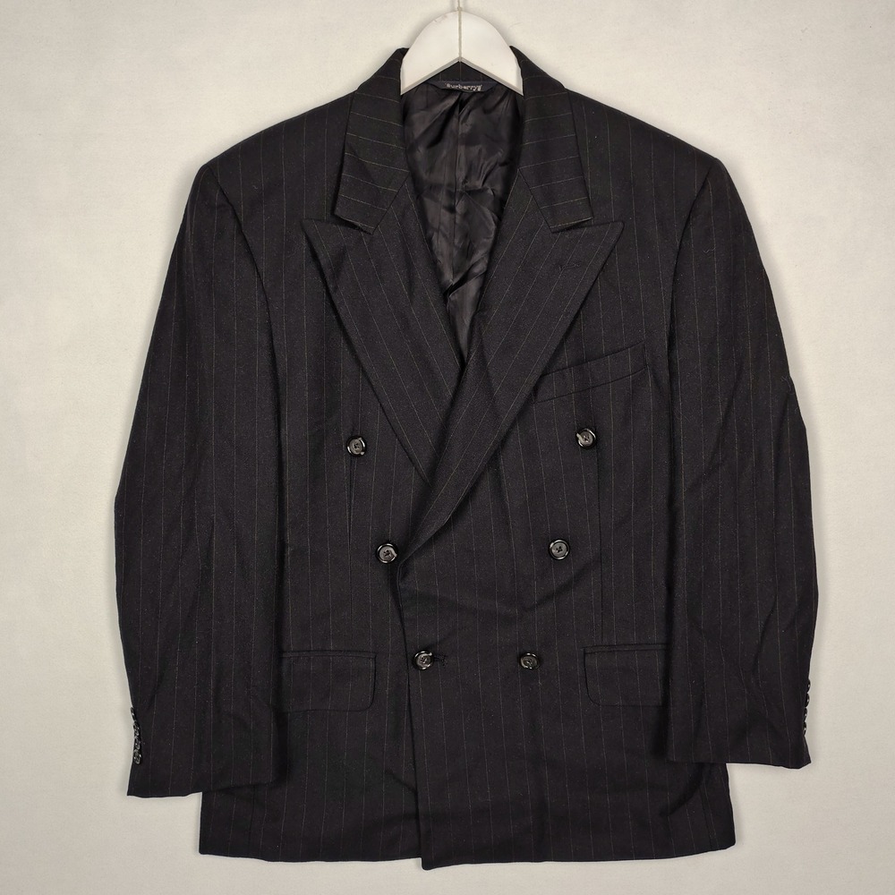 Burberrys Vintage Double Breasted Wool Pinstripe Blazer Jacket Navy Black